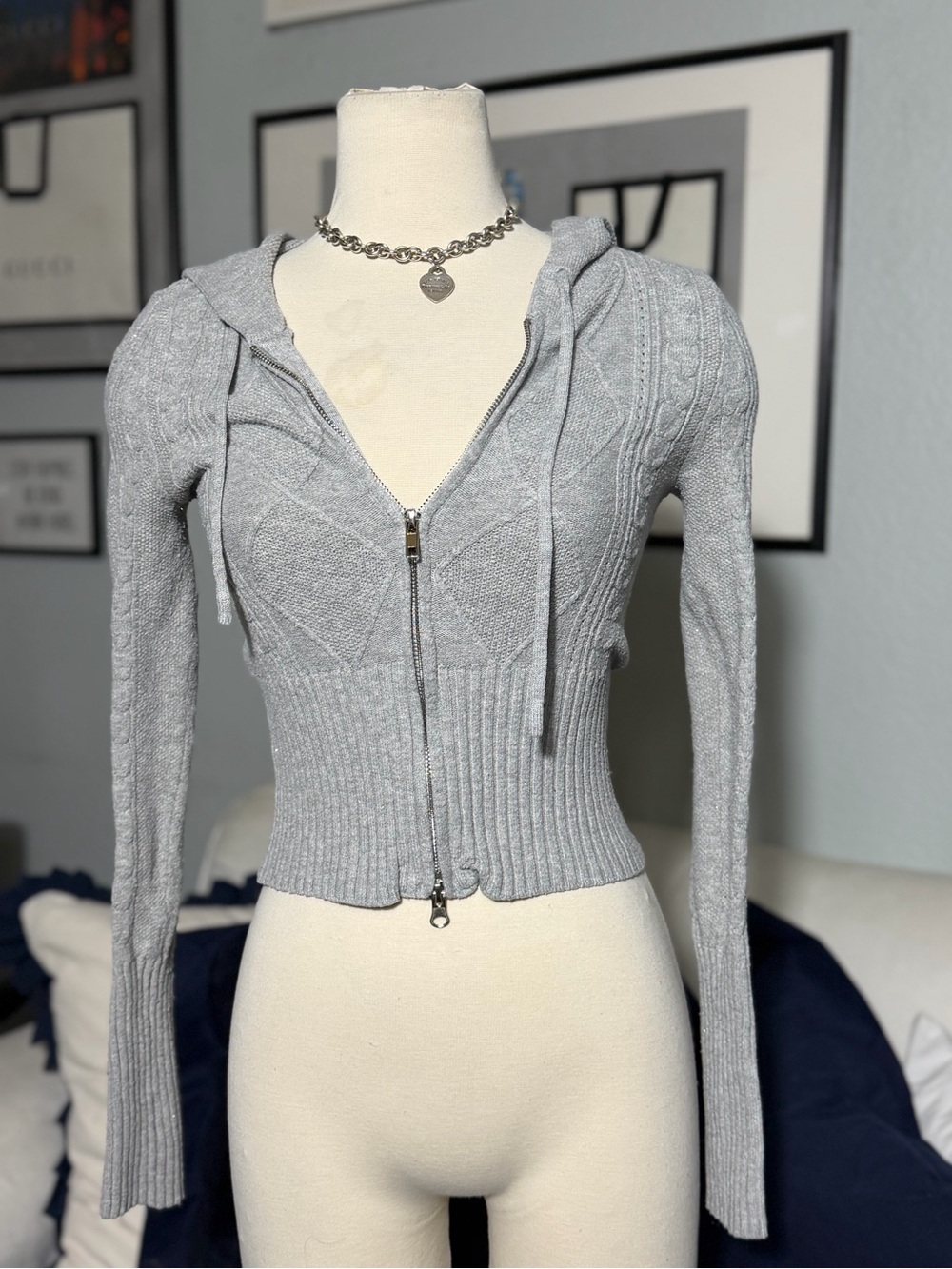 Y2K Pink Rose Light Gray Hooded Cable Zip-Up Cardigan